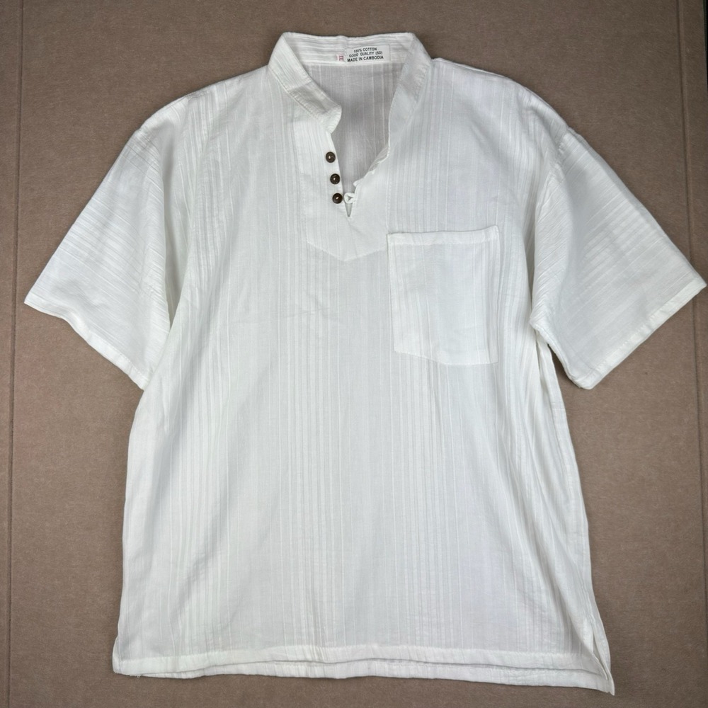 Men's Shirt 2XL White Cotton Short Sleeve Mandarin Collar Casual‎ Boho Henley